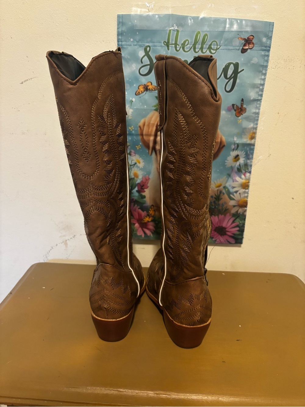Brown Embroidered Western Knee-High Boots size 38
